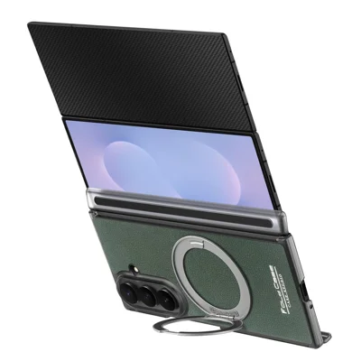 Funda magnética para Samsung Galaxy Z TriFold 5G, funda de cuero textura de lichi con soporte anillo giratorio 360, color verde oscuro