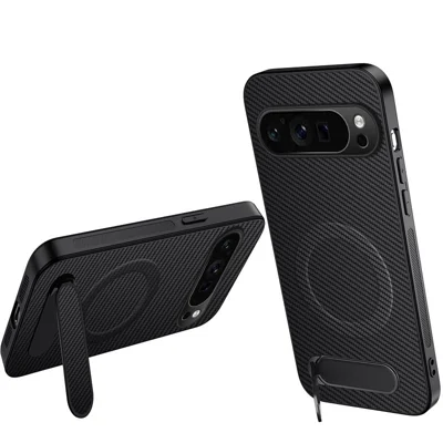 WANLONFENG For Google Pixel 9 Pro XL Magnetic Case  QT Series Kickstand Carbon Fiber Texture PC TPU Phone Cover - Black