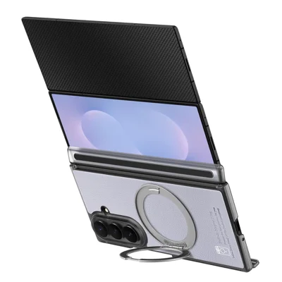 Magnetische Hülle für Samsung Galaxy Z TriFold 5G mit 360°-Ringständer, Scharnier-Schutz, PU-PC-TPU-Handyhülle – Helllila