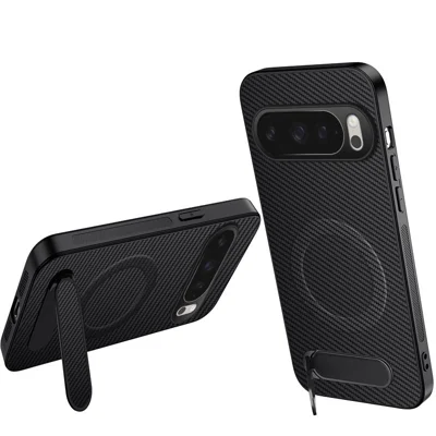 WANLONFENG For Google Pixel 10 Pro Magnetic Case  QT Series Kickstand Carbon Fiber Texture PC TPU Phone Cover - Black