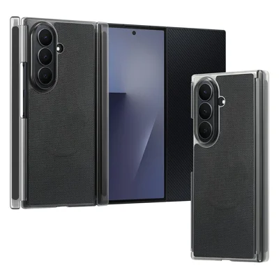 Für Samsung Galaxy Z TriFold 5G Magnet-Handyhülle, Gitterstruktur, PU-Leder, mit doppelter Mittelachsen-Protection – Schwarz