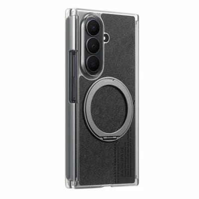 Cover magnetica per Samsung Galaxy Z TriFold 5G con chiusura a doppio asse, rivestimento in tessuto effetto pelle con supporto ad anello rotante 360° - Nero