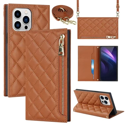 For iPhone 13 Pro 6.1 inch Stitching Rhombus Texture PU Leather Zipper Pocket Phone Case Wallet Stand Cover with Long Strap - Brown