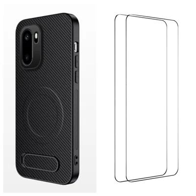 WANLONFENG For OnePlus Ace 6 5G / OnePlus Ace 6T 5G / OnePlus 15R 5G Magnetic Case with 2Pcs Tempered Glass Films  QT1 Series Kickstand Carbon Fiber Texture PC TPU Phone Cover - Black