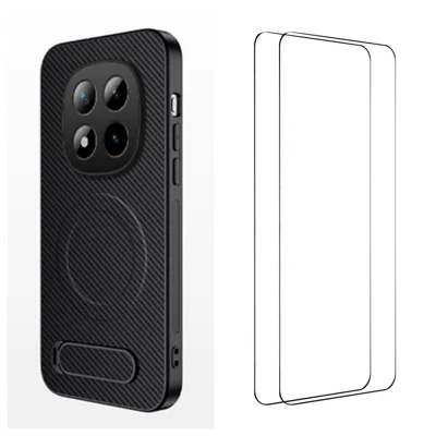 Funda magnética para Xiaomi Redmi Note 15 Pro 5G (Global) con 2 películas de vidrio templado WANLONFENG Serie QT1, con soporte plegable y textura de fibra de carbono, carcasa de PC y TPU para teléfono - Negro
