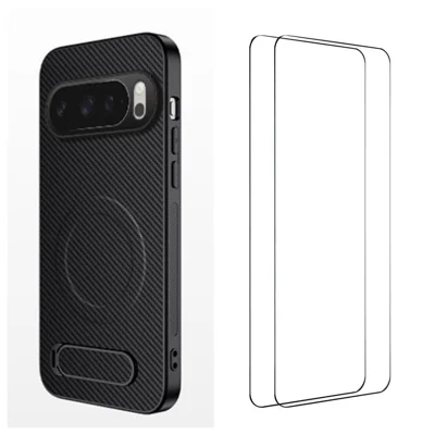 WANLONFENG For Google Pixel 10 Pro Magnetic Case with 2Pcs Tempered Glass Films  QT1 Series Kickstand Carbon Fiber Texture PC TPU Phone Cover - Black