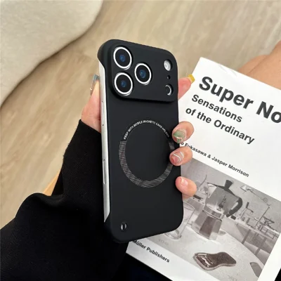 For iPhone 17 Pro Borderless Magnetic Phone Case Solid Color Frameless PC Cover Compatible with MagSafe - Black