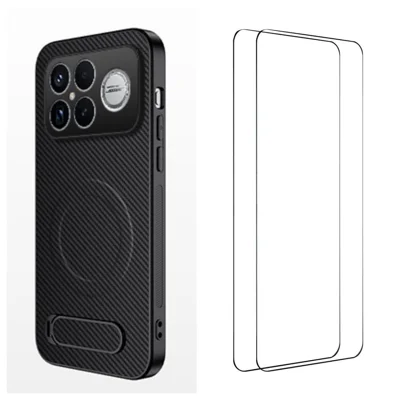 Für Xiaomi Poco F8 Ultra / Xiaomi Redmi K90 Pro Max 5G Magnetische Hülle mit 2 Stk. Gehärtetem Glasfolien WANLONFENG QT1 Serie Ständer Kohlefaser-Optik PC TPU Handyhülle - Schwarz