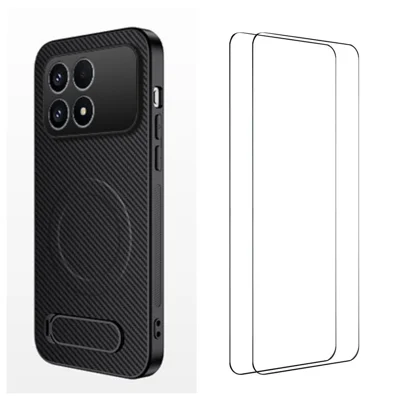Für Xiaomi Poco F8 Pro / Xiaomi Redmi K90 5G Magnetische Hülle mit 2 Stk. Gehärtetem Glasfolien WANLONFENG QT1 Serie Ständer Kohlefaser-Optik PC TPU Handyhülle - Schwarz