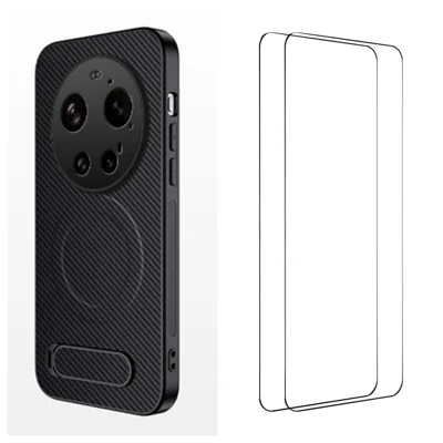 Étui magnétique pour Xiaomi 17 Ultra 5G avec 2 films en verre trempé WANLONFENG série QT1, support intégré, texture fibre de carbone, coque en PC TPU - Noir