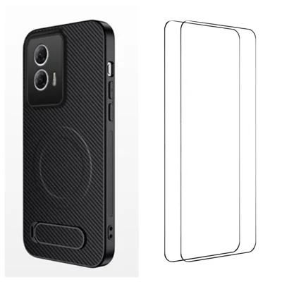 WANLONFENG For Motorola Moto G85 5G Magnetic Case with 2Pcs Tempered Glass Films  QT1 Series Kickstand Carbon Fiber Texture PC TPU Phone Cover - Black