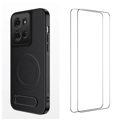 WANLONFENG For Motorola Moto G75 5G Magnetic Case with 2Pcs Tempered Glass Films  QT1 Series Kickstand Carbon Fiber Texture PC TPU Phone Cover - Black
