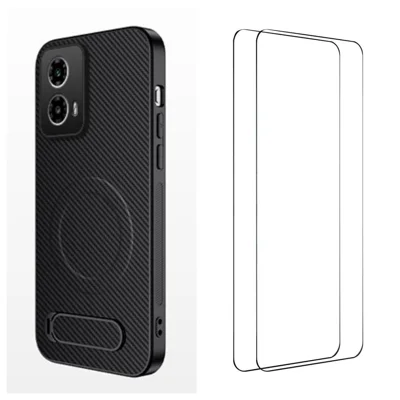 För Motorola Moto G34 5G Magnetisk Skal med 2 st Härdat Glasfilm WANLONFENG QT1 Serie Fällbar Ställ Carbonfiberstruktur PC TPU Mobilskal - Svart