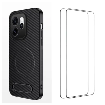Capa Magnética para Oppo Reno15 F 5G com 2 Películas de Vidro Temperado WANLONFENG Série QT1, Capa com Suporte Traseiro e Textura em Fibra de Carbono PC TPU - Preto