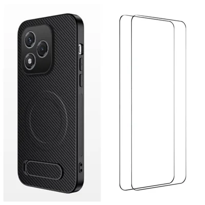WANLONFENG For Honor 400 Lite 5G Magnetic Case with 2Pcs Tempered Glass Films QT1 Series Kickstand Carbon Fiber Texture PC TPU Phone Cover - Black