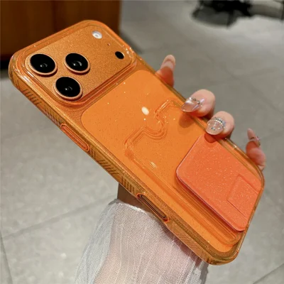 Custodia glitter per iPhone 17 Pro, cover antiurto in TPU 2,0 mm con porta carte e supporto - Arancione