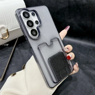For Samsung Galaxy S26 Ultra Glitter Phone Case 2.0mm Shockproof TPU Phone Cover with Card Holder Kickstand - Black