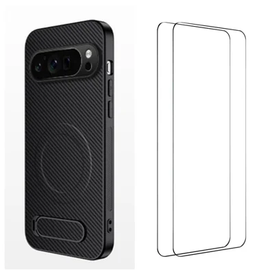WANLONFENG For Google Pixel 9 Pro XL Magnetic Case with 2Pcs Tempered Glass Films  QT1 Series Kickstand Carbon Fiber Texture PC TPU Phone Cover - Black