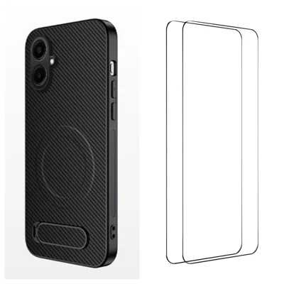 WANLONFENG For Samsung Galaxy A06 5G Magnetic Case with 2Pcs Tempered Glass Films  QT1 Series Kickstand Carbon Fiber Texture PC TPU Phone Cover - Black