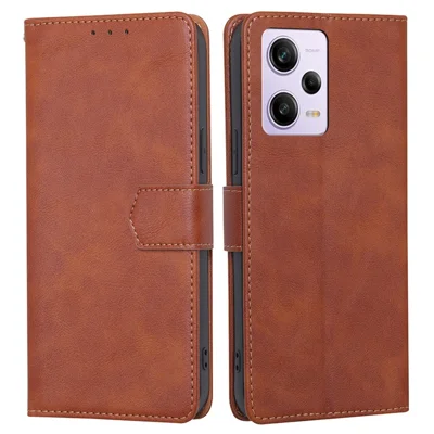 For Xiaomi Redmi Note 12 Pro 5G Stand Wallet Case for Xiaomi Redmi Note 12 Pro 5G / Note 12 Pro Speed 5G / Poco X5 Pro 5G, Shock Absorbing Cowhide Texture PU Leather+TPU RFID Blocking Magnetic Clasp Protective Cover - Brown