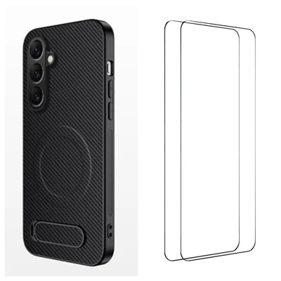WANLONFENG For Samsung Galaxy A15 5G / Galaxy A15 4G Magnetic Case with 2Pcs Tempered Glass Films QT1 Series Kickstand Carbon Fiber Texture PC TPU Phone Cover - Black