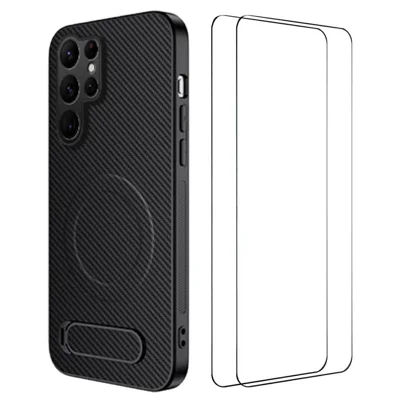 WANLONFENG For Samsung Galaxy S24 Ultra Magnetic Case with 2Pcs Tempered Glass Films  QT1 Series Kickstand Carbon Fiber Texture PC TPU Phone Cover - Black