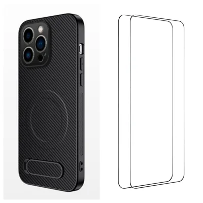 WANLONFENG For iPhone 15 Pro Magnetic Case with 2Pcs Tempered Glass Films  QT1 Series Kickstand Carbon Fiber Texture PC TPU Phone Cover - Black