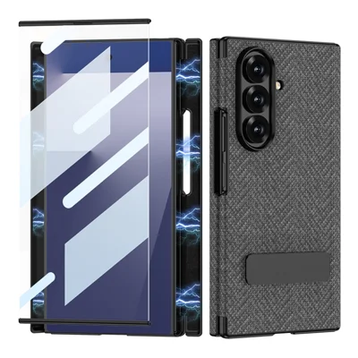 GKK Für Samsung Galaxy Z TriFold 5G Magnetisches Etui Gewebestruktur Nylon PC Handyhülle mit Gehärtetem Glas und Ständer - Grau