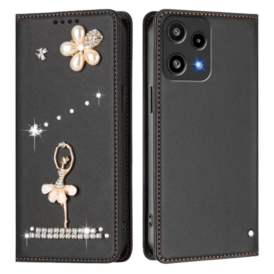For Nothing Phone (3a) Lite 5G Leather Case RFID Blocking Wallet Stand Rhinestones Ballet Dancer Flip Phone Cover - Black