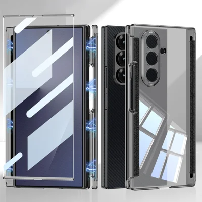 GKK Für Samsung Galaxy Z TriFold 5G Klare Hülle mit gehärtetem Glas, magnetischer Doppelscharnier-Vollschutz-PC-Hülle – Transparent Schwarz