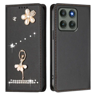 For Motorola Edge 60 Pro 5G Leather Case RFID Blocking Wallet Stand Rhinestones Ballet Dancer Flip Phone Cover - Black