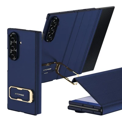 GKK voor Samsung Galaxy Z TriFold 5G Flip lederen hoesje met gehard glas en polsbandje met standaard - donkerblauw