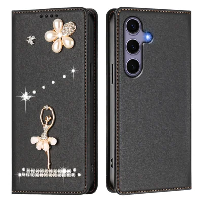 For Samsung Galaxy S24 / Galaxy S25 Leather Case RFID Blocking Wallet Stand Rhinestones Ballet Dancer Flip Phone Cover - Black
