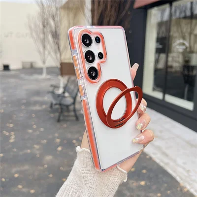 For Samsung Galaxy S25 Ultra Magnetic Case Rotating Kickstand with Gear Sound Effect TPU PC Clear Phone Cover - Orange