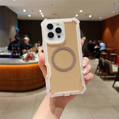 Coque pour iPhone 16 Pro Max, coque transparente avec paillettes, antichoc, en acrylique et TPU, avec anneau en fer non magnétique intégré - Or transparent