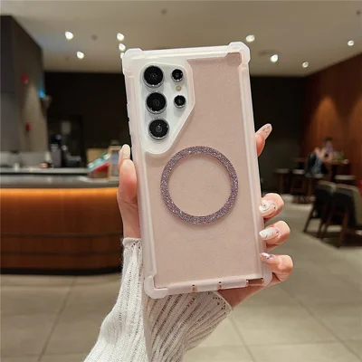 For Samsung Galaxy S25 Ultra Case Glitter Shockproof Clear Acrylic TPU Phone Cover Built-in Non-Magnetic Iron Ring - Transparent Pink