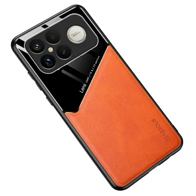 Voor Xiaomi Redmi K90 Pro Max 5G / Poco F8 Ultra hoesje Precieze uitgesneden leren gecoate PC + TPU telefoon achterkant met ingebouwd metalen plaatje - Oranje