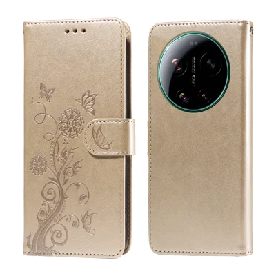 For Xiaomi 17 Ultra 5G Leather Case Butterfly Floral Imprint Wallet Stand Cover - Golden
