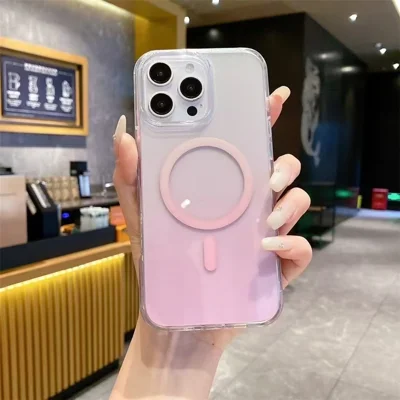 Coque magnétique pour iPhone 16 Pro Max, coque transparente dégradée en TPU et PC, compatible MagSafe - Rose