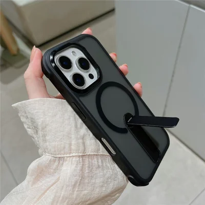 For iPhone 16 Pro Magnetic Phone Case Skin Feel PC TPU Protective Cover Compatible with MagSafe with Kickstand - Black