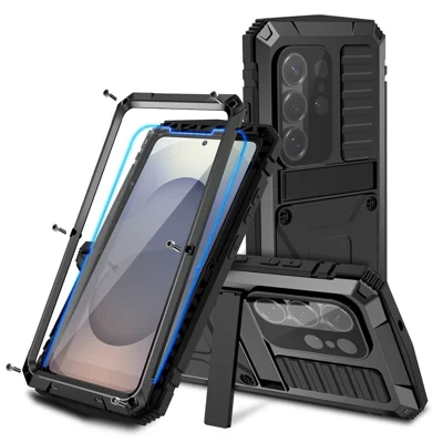 R-JUST til Samsung Galaxy S26 Ultra Case PC + Silikone + Metal støttebeslag Telefonbeslag med Hærdet Glasfilm - Sort
