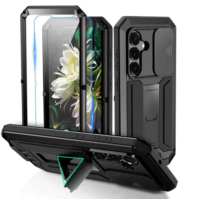 R-JUST For Samsung Galaxy S26+ Case PC + Silicone + Metal Back Cover with Tempered Glass Film - Black
