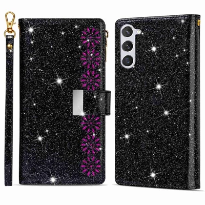 Coque pour Samsung Galaxy S23+ avec Porte-cartes, Antichoc, Style Étoilé Laser Brillant, Portefeuille à Glissière, Support, Cuir Véritable avec Dragonne - Noir