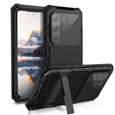 R-JUST For Samsung Galaxy S26 Ultra Case PC + Silicone + Metal Kickstand Phone Cover with Tempered Glass Film - Black