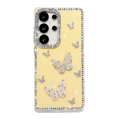 For Samsung Galaxy S25 Ultra Case Shiny Butterfly Decor Rhinestone Glitter IMD PC + TPU Phone Cover - Glitter / Light Yellow
