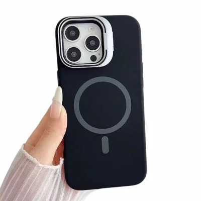 Capa para iPhone 16 Pro Max Compatível com MagSafe, Capa em Silicone Líquido com Suporte de Estrutura de Lente - Preto