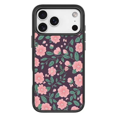 For iPhone 18 Pro Max / 17 Pro Max Magnetic Case TPU PC Phone Cover with Detachable Green and Pink Flowers Pattern Backplate - Black