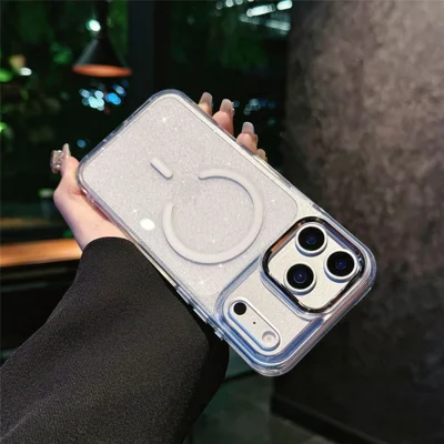 Coque magnétique pour iPhone 17 Pro, coque transparente avec paillettes, résistante aux chocs, en TPU et PC, compatible MagSafe - Blanc