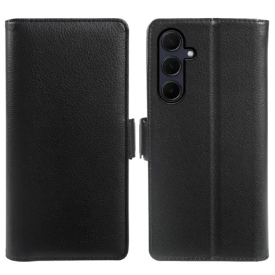 Walletcase voor Samsung Galaxy F16 5G / Galaxy M16 5G met dubbele magnetische sluiting, litchi-structuur lederen flipstandaard telefoonhoes - Zwart