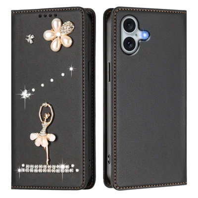 For iPhone 16 Plus Leather Case RFID Blocking Wallet Stand Rhinestones Ballet Dancer Flip Phone Cover - Black